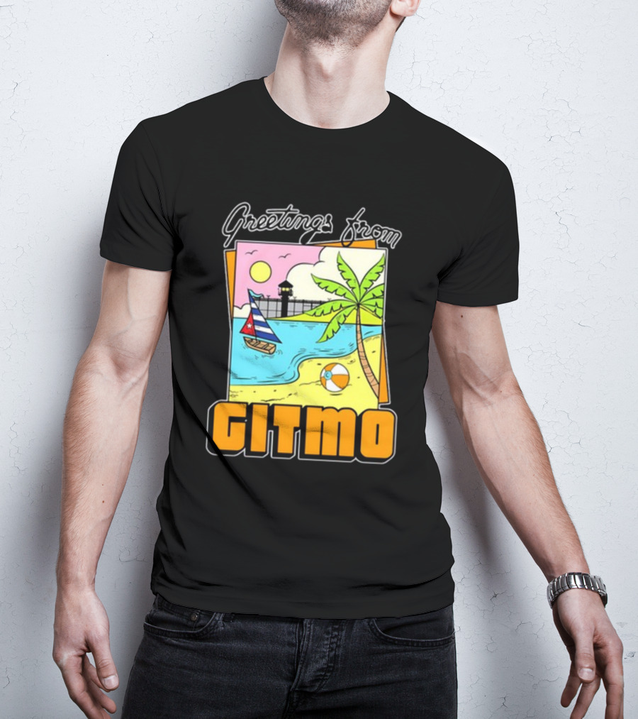 Greetings From Gitmo Sunshine Beach Scene With Palm Trees And Sailboat T-Shirt
