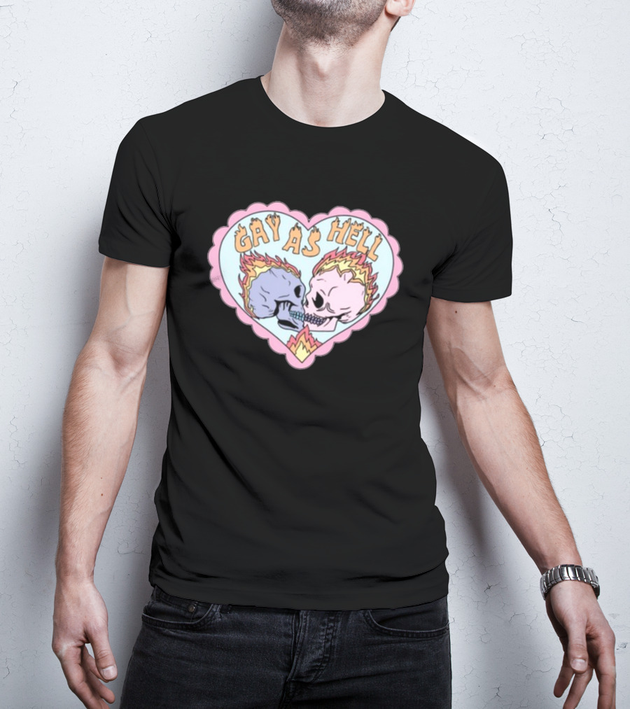Gay As Hell Flame Skulls Heart T-Shirt