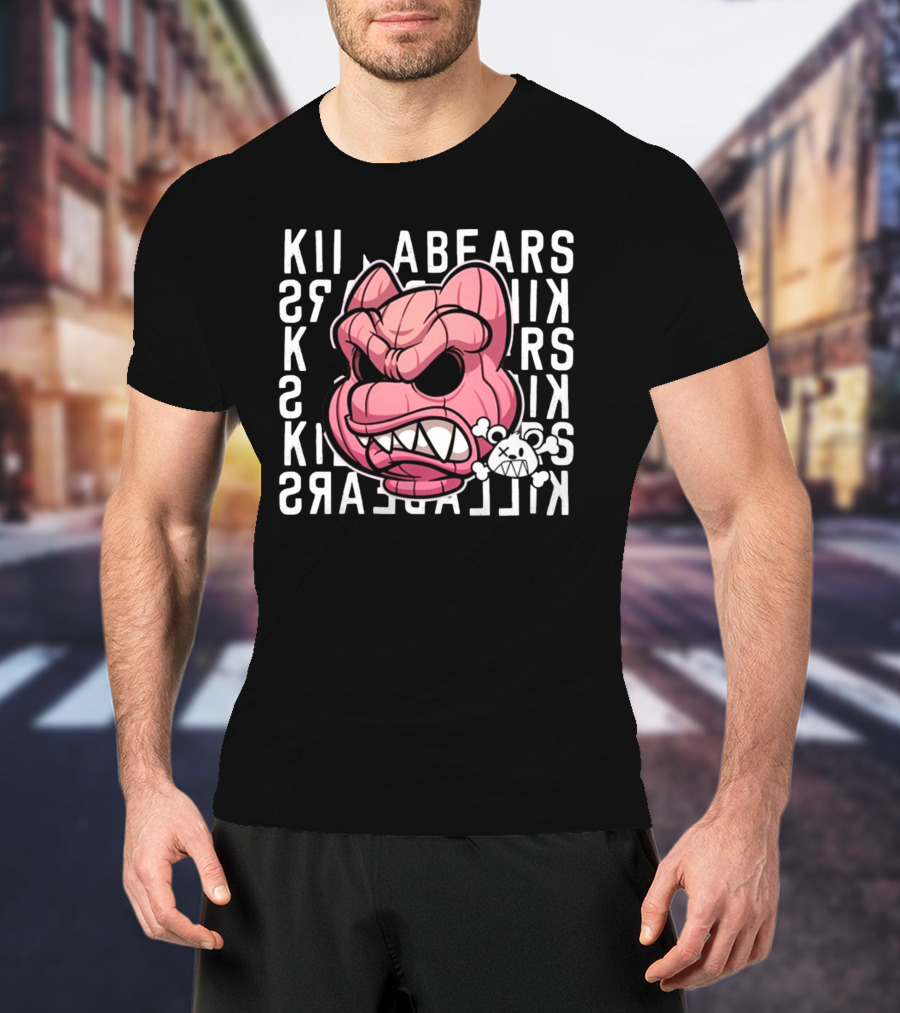 Killabears Angry Pink Bear With Skull And Bones T-Shirt