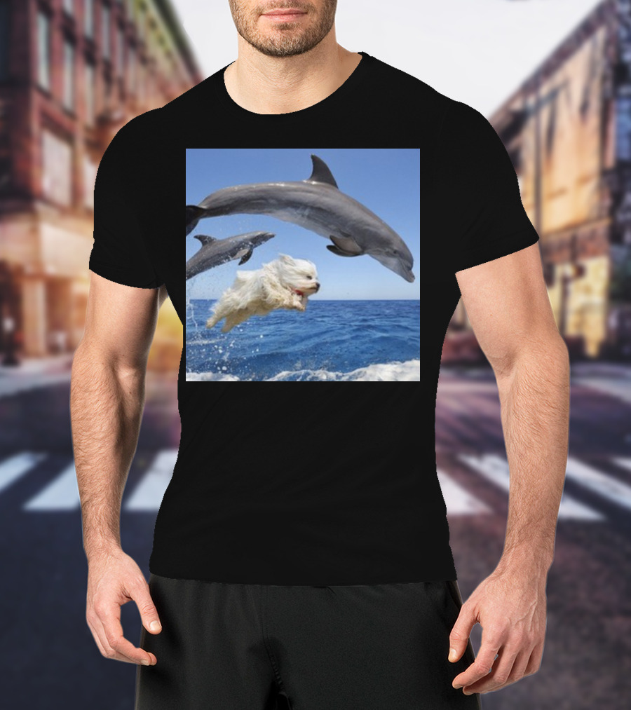 Dog Swimming With Jumping Dolphins Ocean Scene T-Shirt