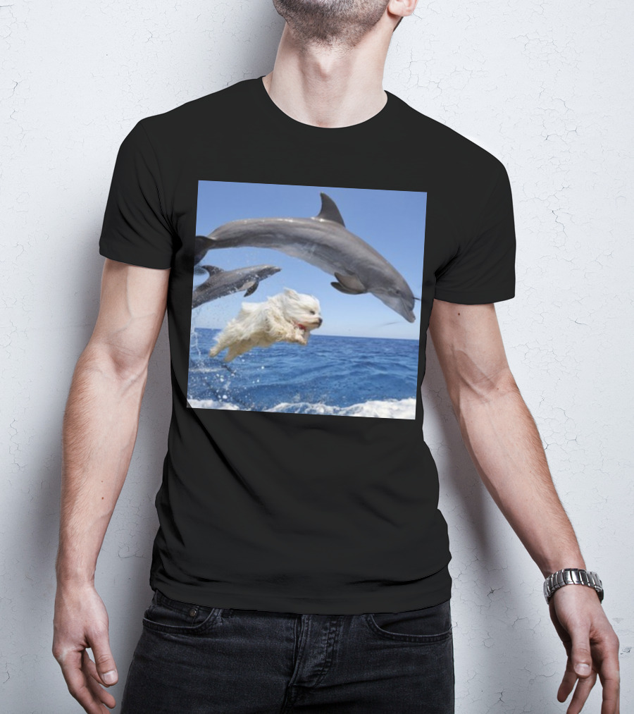 Dog Swimming With Jumping Dolphins Ocean Scene T-Shirt