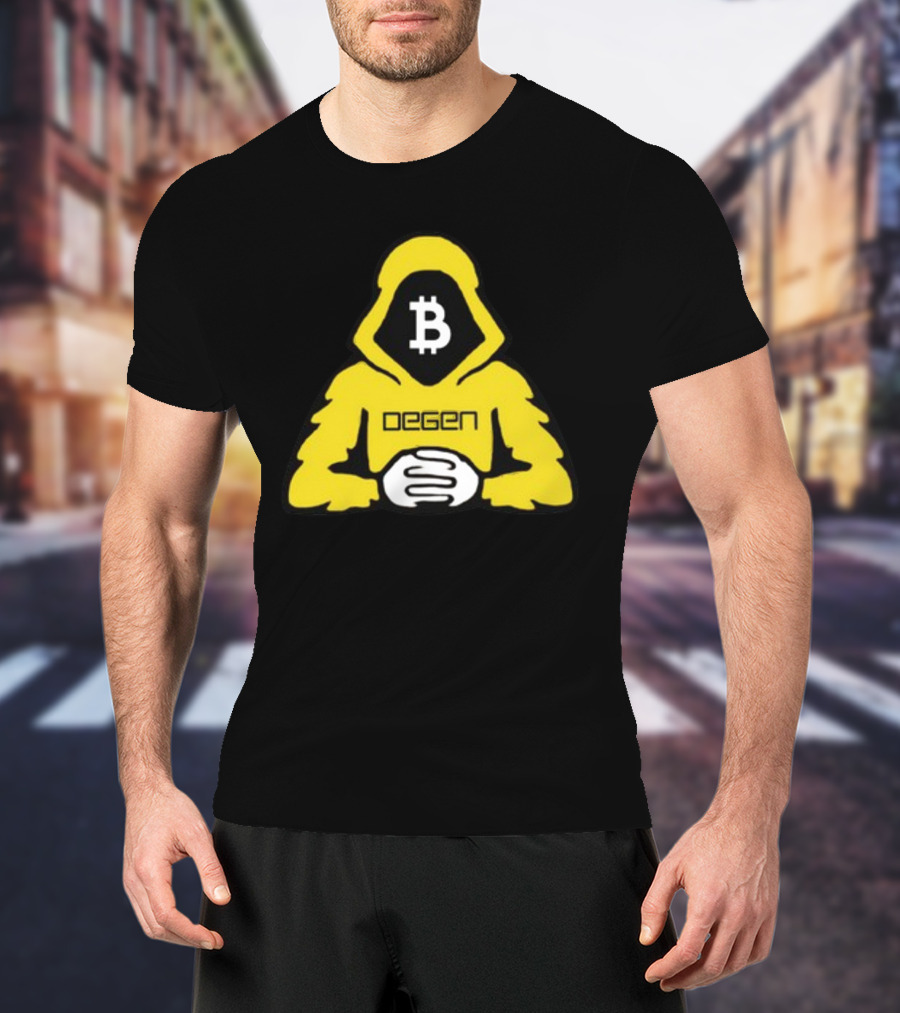 Bitcoin Degen Hooded Figure With Bitcoin Logo And Folded Hands T-Shirt
