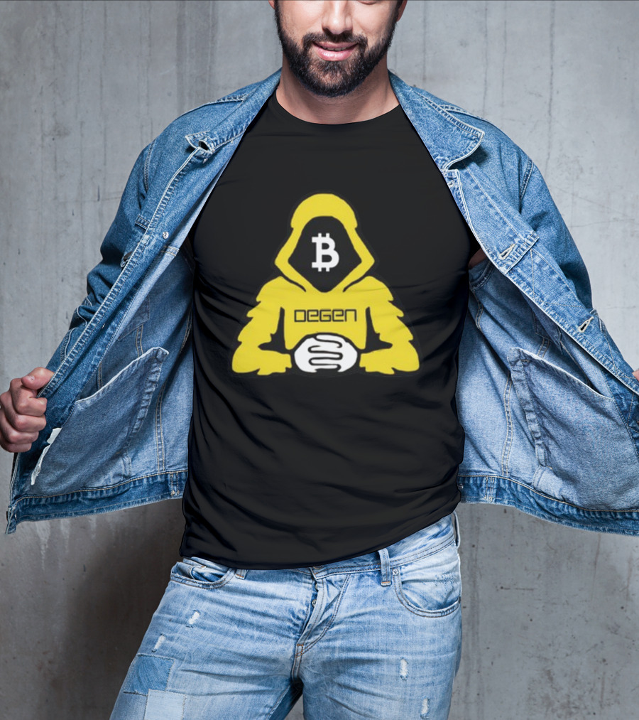 Bitcoin Degen Hooded Figure With Bitcoin Logo And Folded Hands T-Shirt