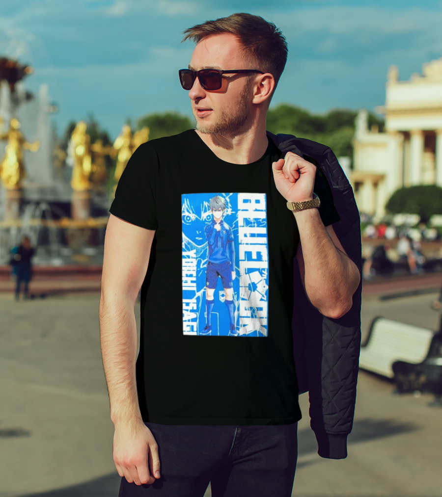 Blue Lock Isagi Yoichi Anime Soccer Character Bold Blue T-Shirt