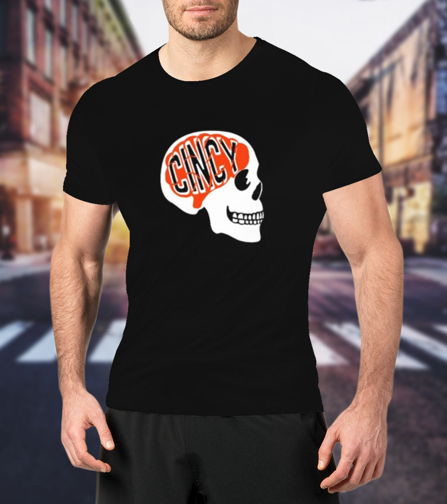 Cincy On The Brain Football Helmet Skull T-Shirt