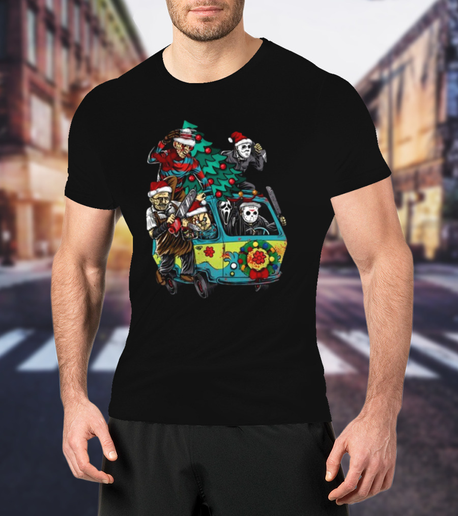 Horror Movie Characters In Christmas Santa Hats With Tree On Fun Van T-Shirt