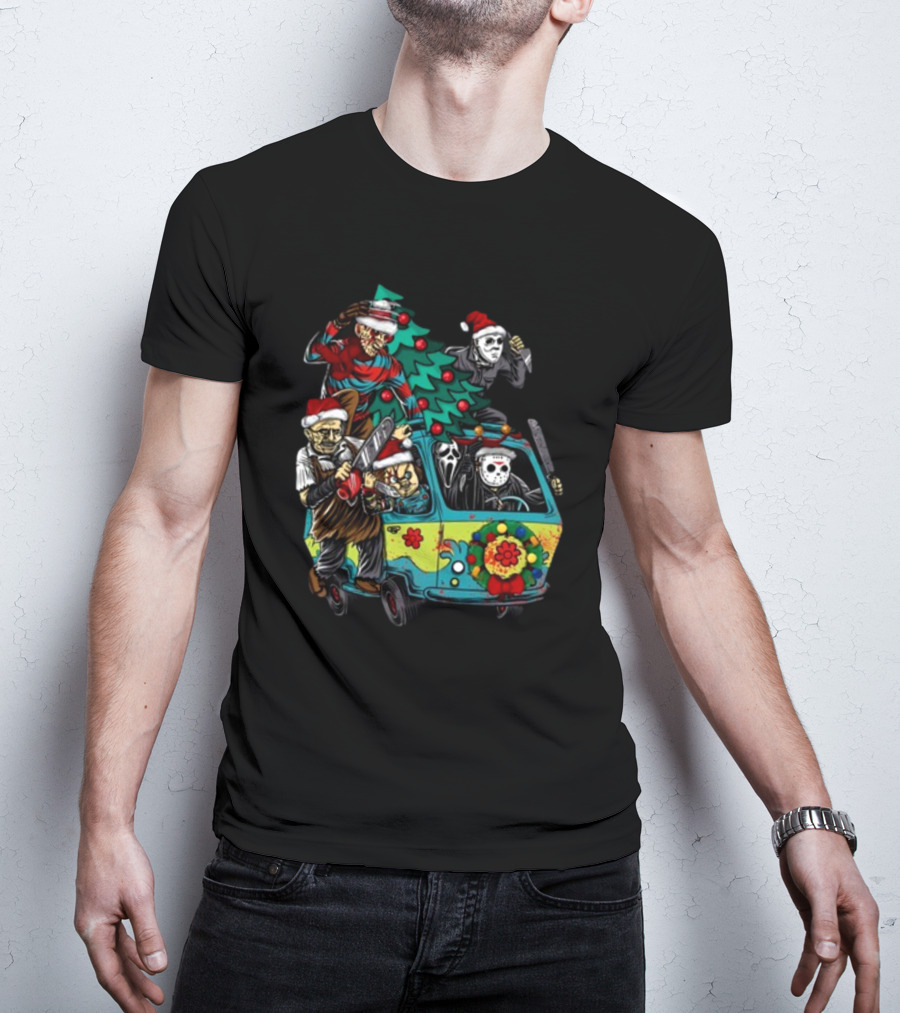 Horror Movie Characters In Christmas Santa Hats With Tree On Fun Van T-Shirt