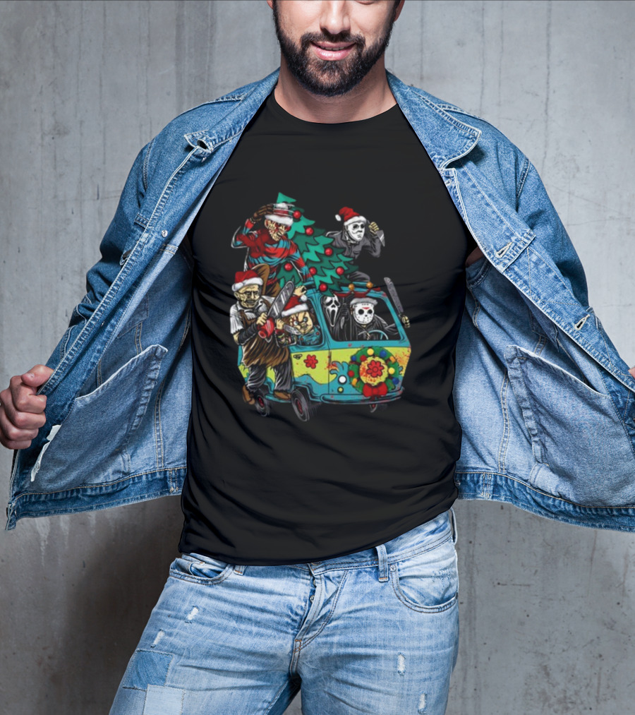 Horror Movie Characters In Christmas Santa Hats With Tree On Fun Van T-Shirt