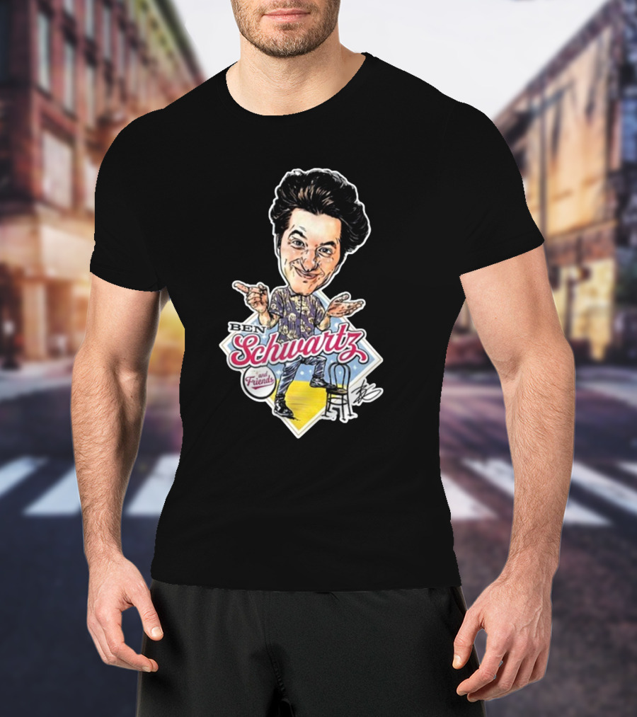 Ben Schwartz Character Illustration With Yellow Stage And Blue Chair T-Shirt
