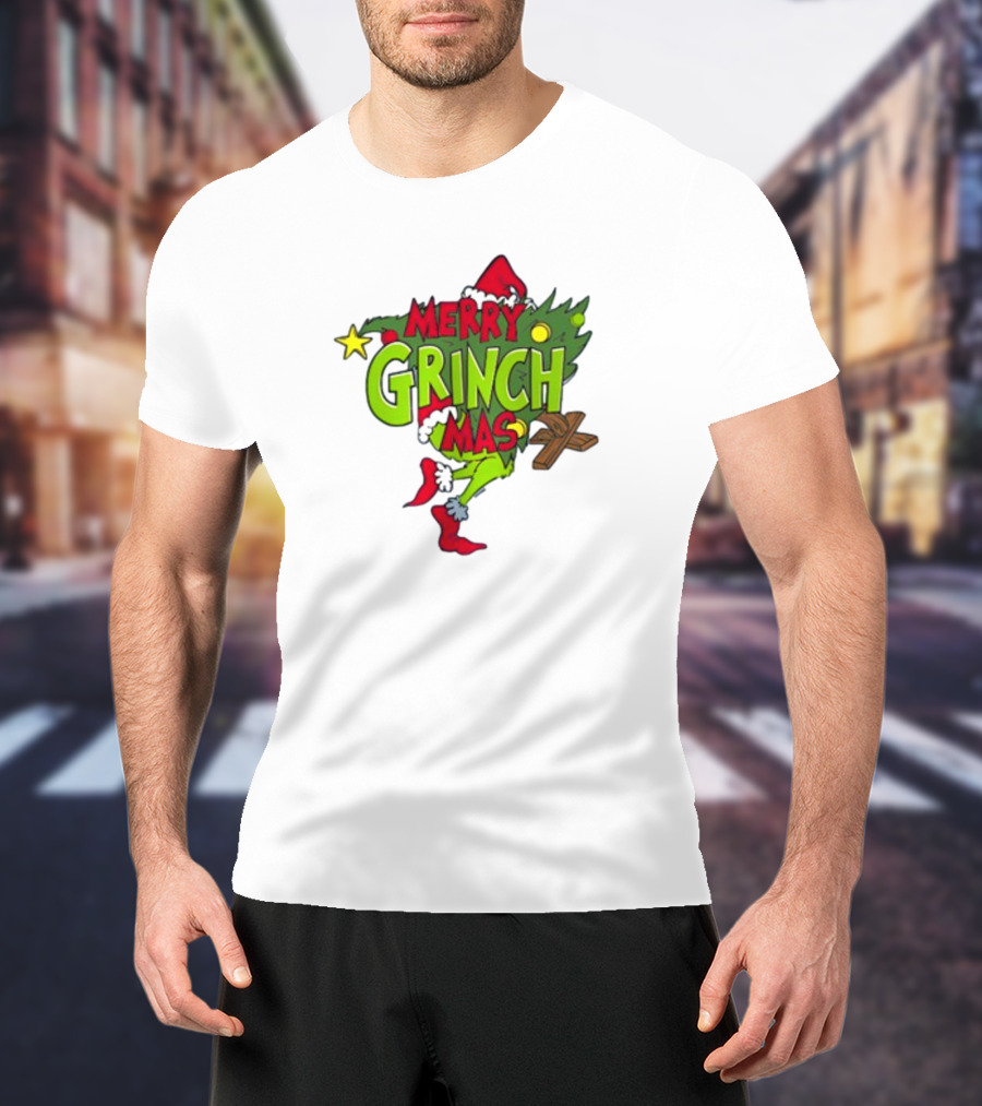 Merry Grinchmas Tree With Santa Hat And Holiday Decorations T-Shirt
