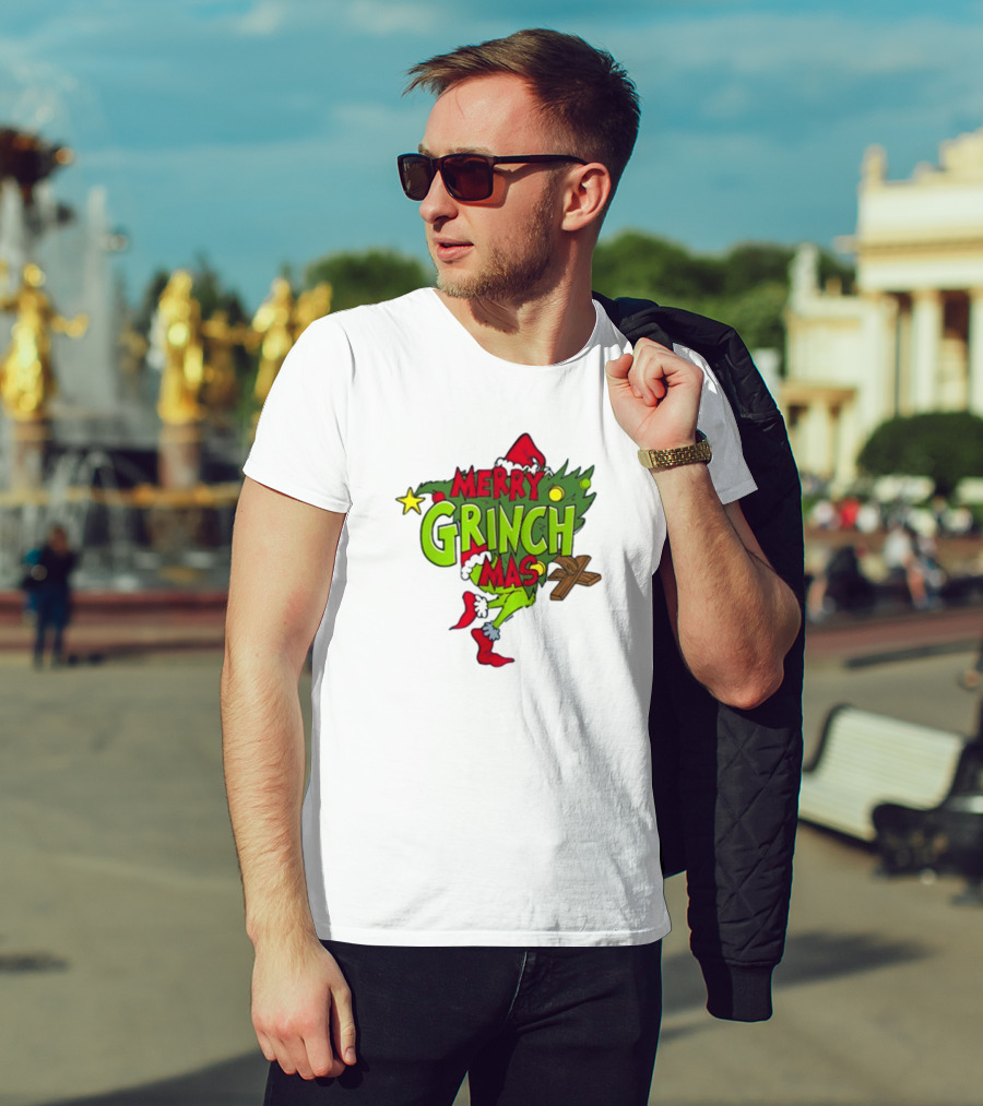 Merry Grinchmas Tree With Santa Hat And Holiday Decorations T-Shirt