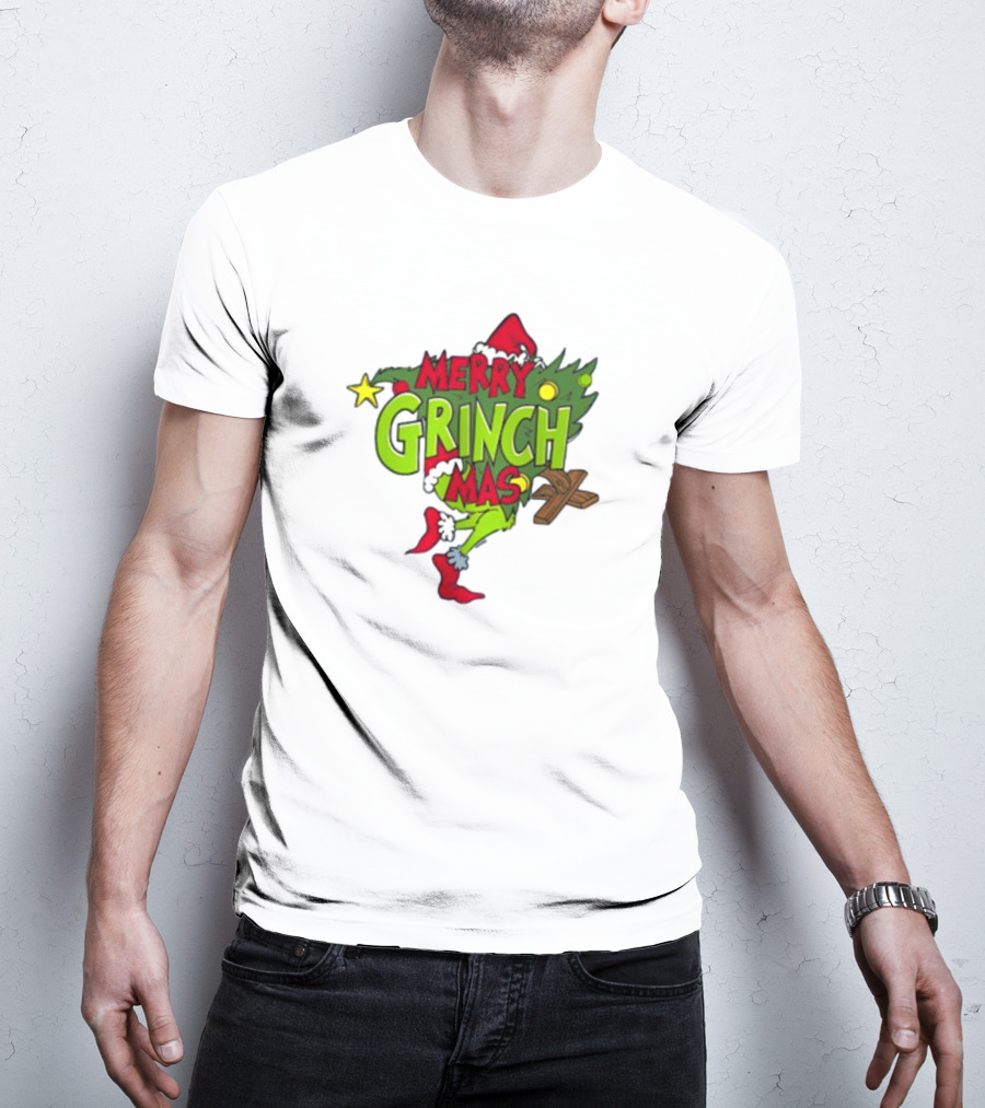 Merry Grinchmas Tree With Santa Hat And Holiday Decorations T-Shirt