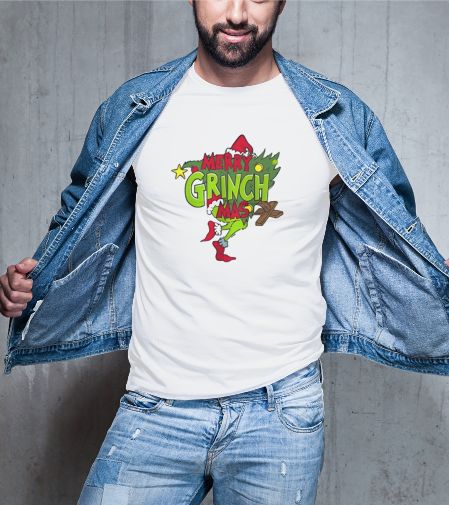 Merry Grinchmas Tree With Santa Hat And Holiday Decorations T-Shirt