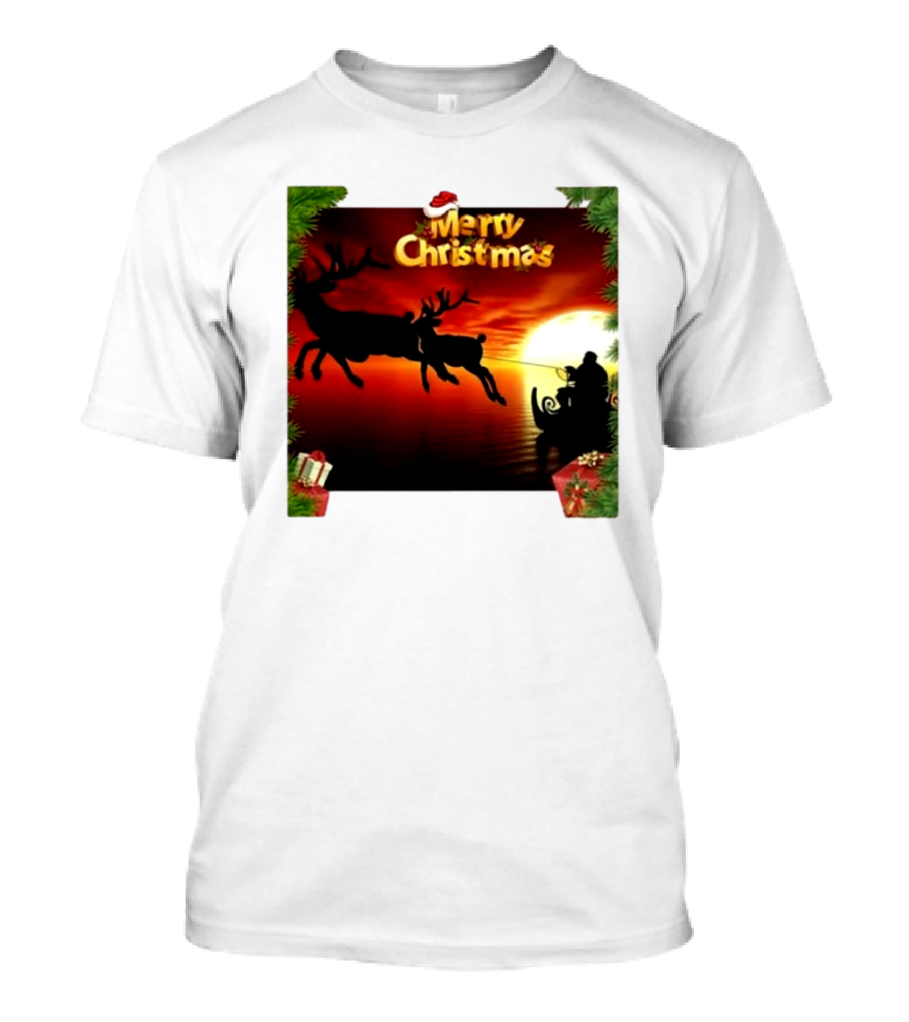 Merry Christmas Santa Claus Sleigh Sunset With Reindeer In Holiday Scene T-Shirt