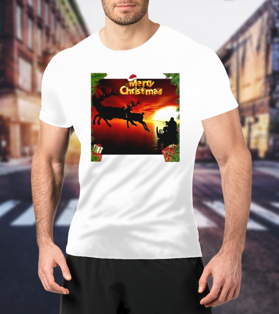 Merry Christmas Santa Claus Sleigh Sunset With Reindeer In Holiday Scene T-Shirt