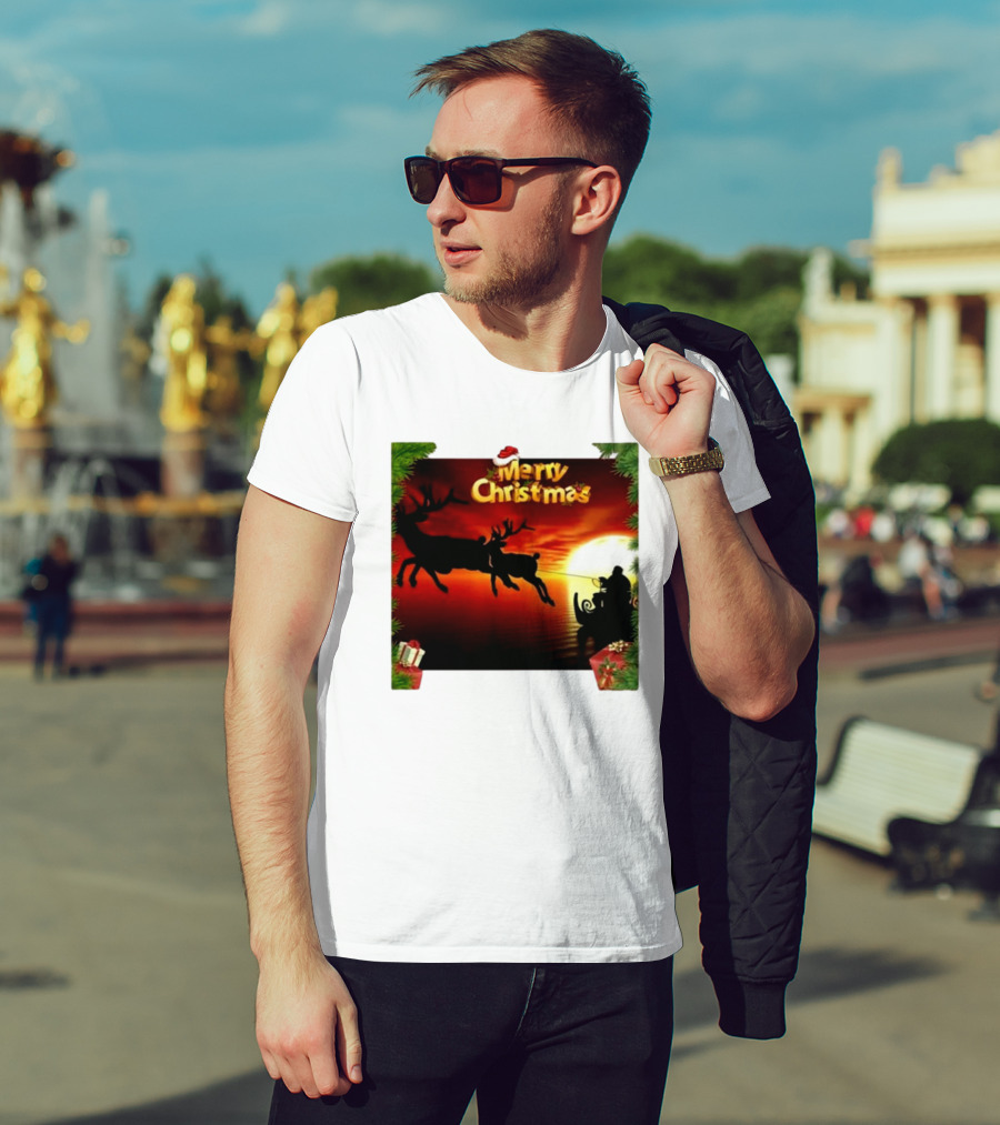 Merry Christmas Santa Claus Sleigh Sunset With Reindeer In Holiday Scene T-Shirt