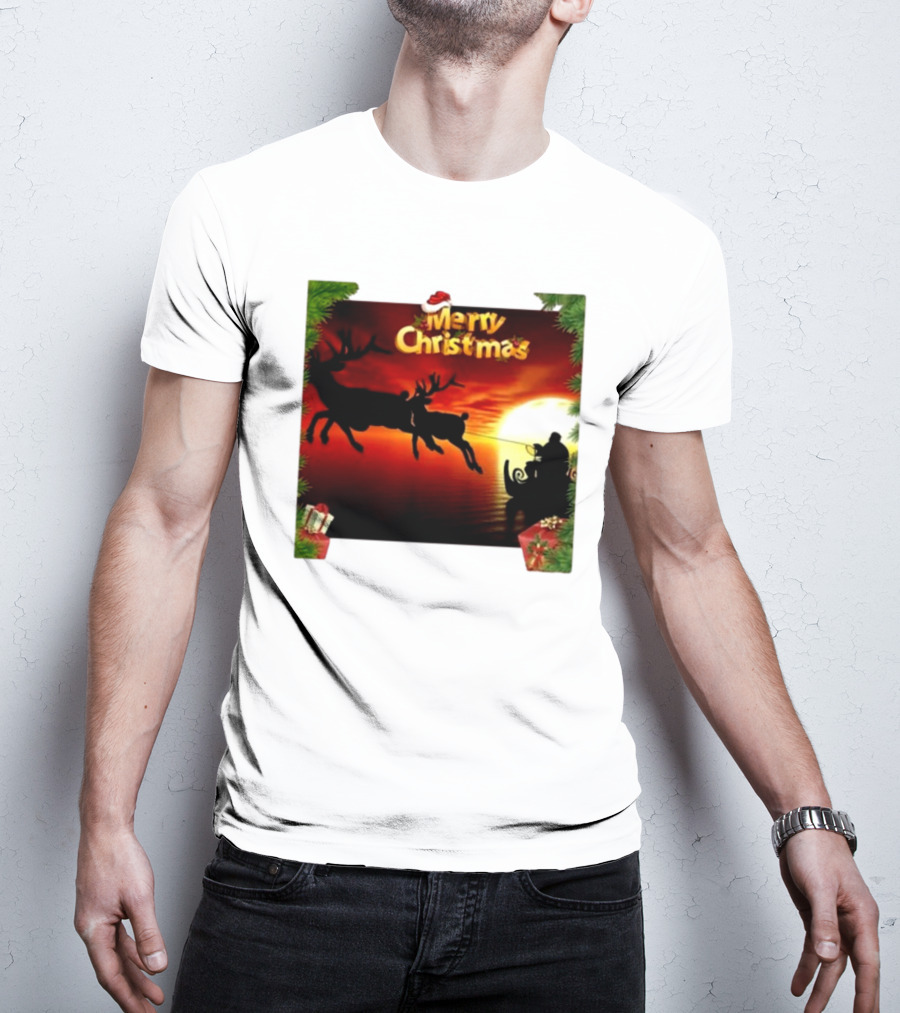 Merry Christmas Santa Claus Sleigh Sunset With Reindeer In Holiday Scene T-Shirt