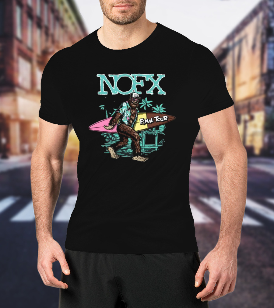 NOFX Final Tour Sasquatch Holding Surfboard Tropical Scene T-Shirt