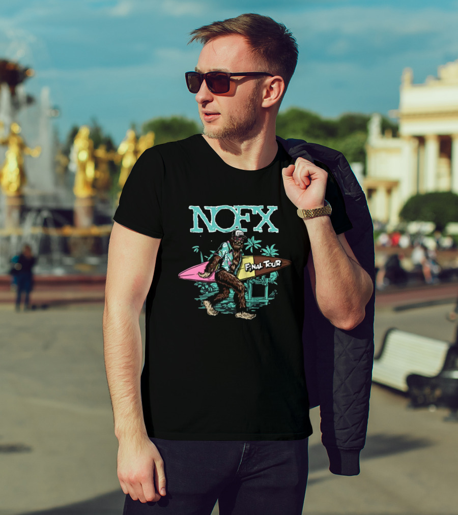 NOFX Final Tour Sasquatch Holding Surfboard Tropical Scene T-Shirt