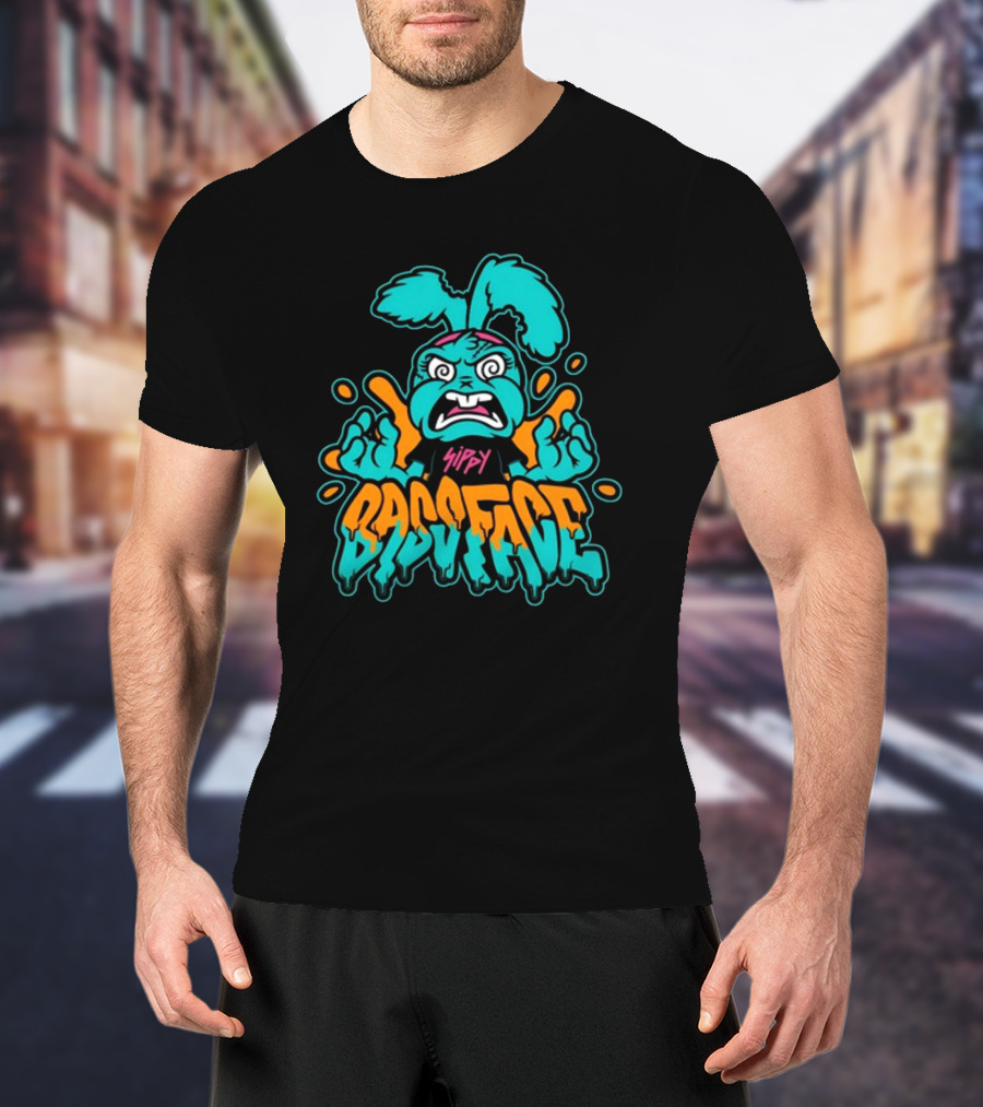 Sippy Bass Face Angry Cartoon Character With Blue And Orange Accents T-Shirt