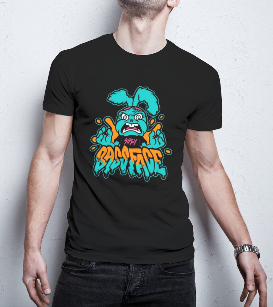 Sippy Bass Face Angry Cartoon Character With Blue And Orange Accents T-Shirt