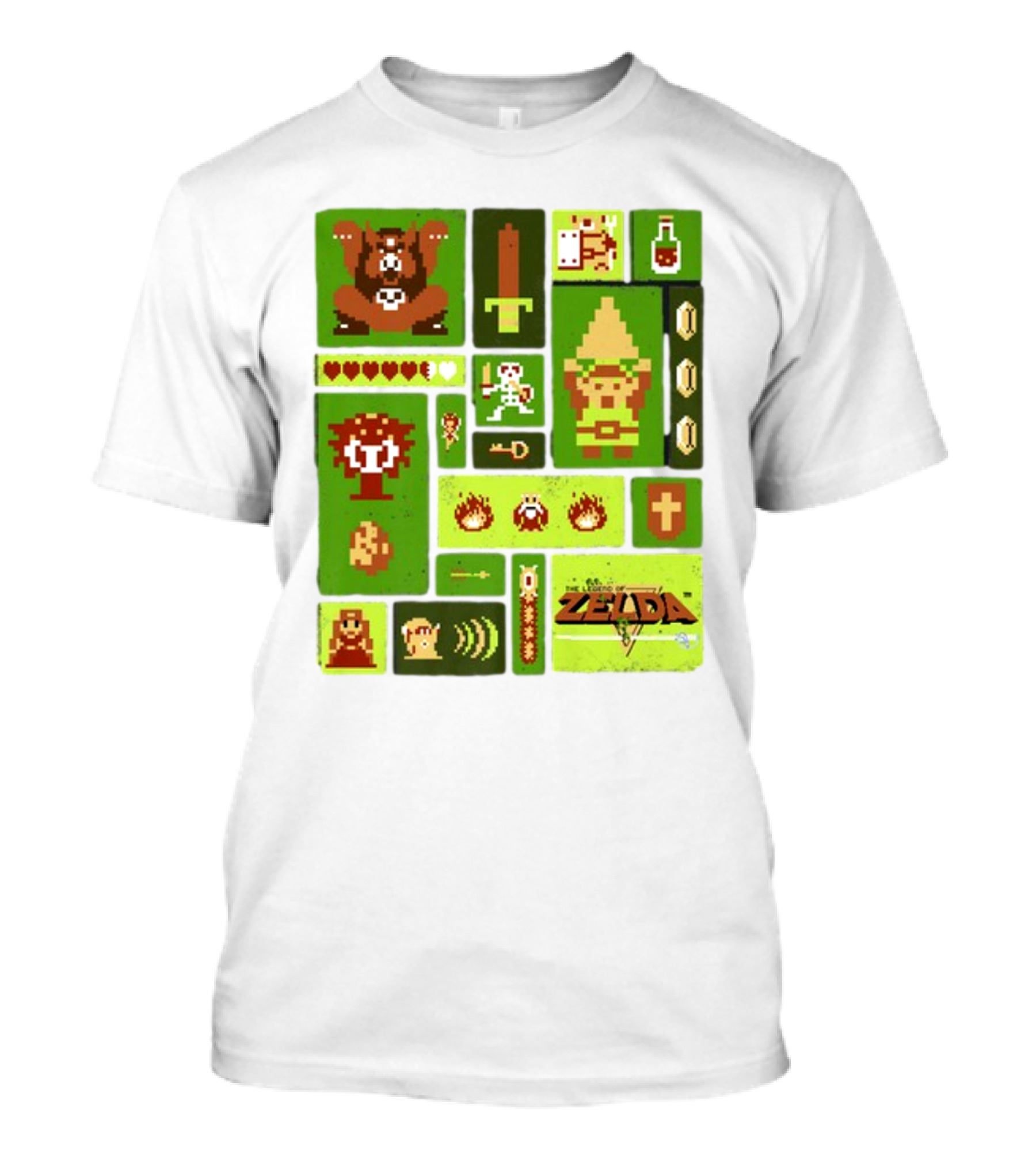 Pixelated Zelda And Link Adventure Icons Mosaic With Sword And Hearts T-Shirt