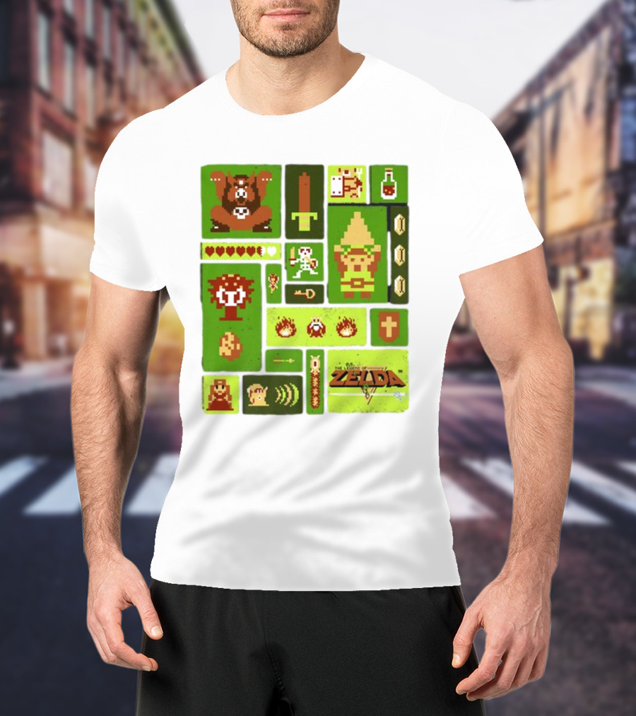 Pixelated Zelda And Link Adventure Icons Mosaic With Sword And Hearts T-Shirt