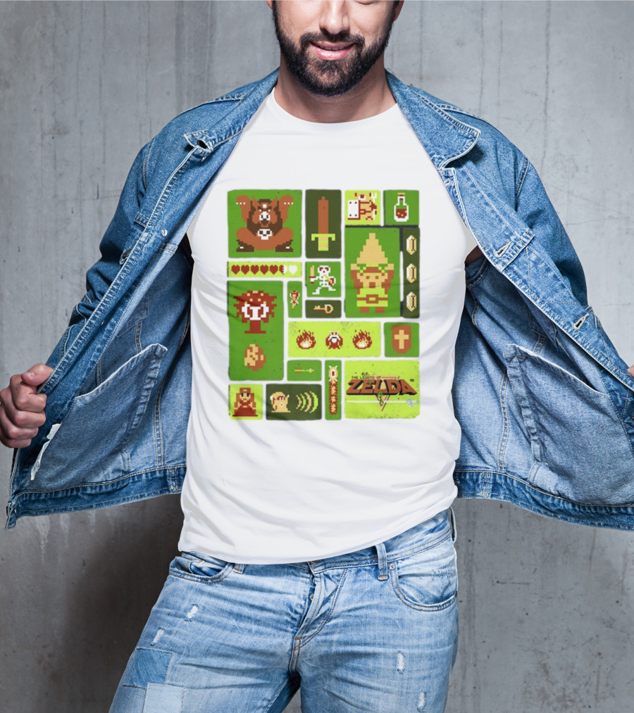 Pixelated Zelda And Link Adventure Icons Mosaic With Sword And Hearts T-Shirt