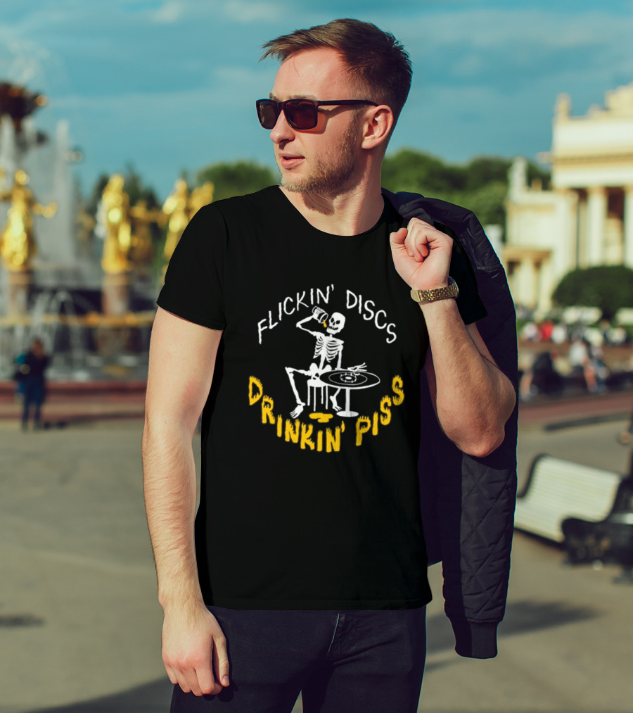 Flickin Discs Drinkin Piss Skeleton Holding Bottle And Disc T-Shirt