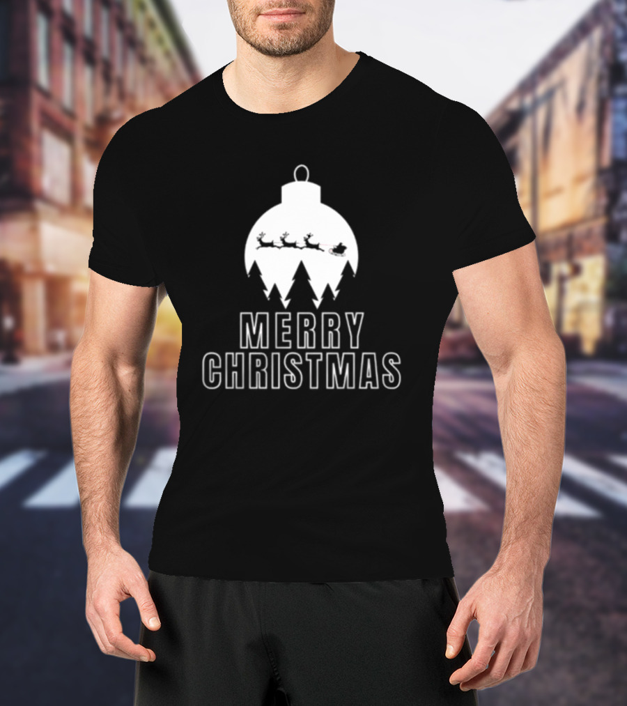 Merry Christmas Ornament Reindeer Sleigh And Trees T-Shirt