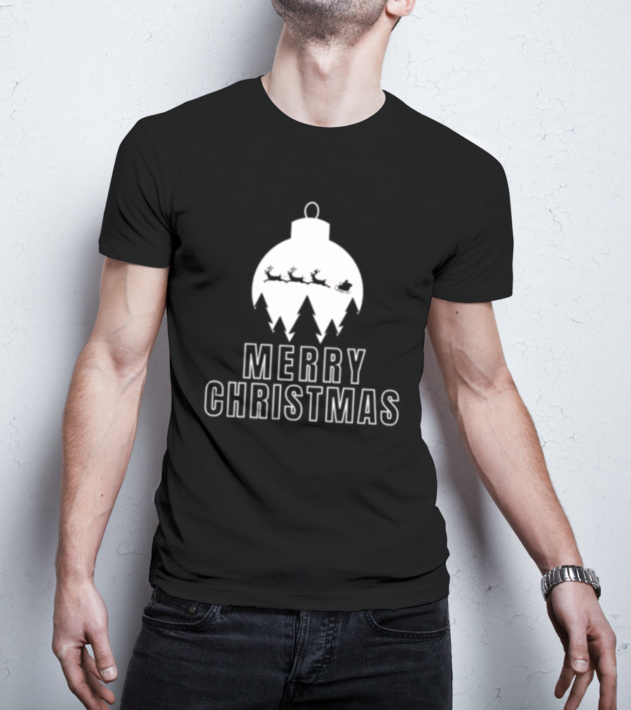 Merry Christmas Ornament Reindeer Sleigh And Trees T-Shirt