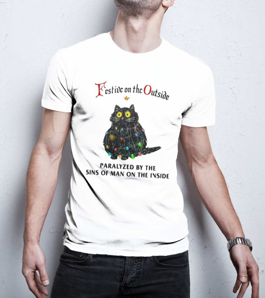Festive On The Outside Paralyzed By The Sins Of Man On The Inside Cat Wrapped In Christmas Lights T-Shirt