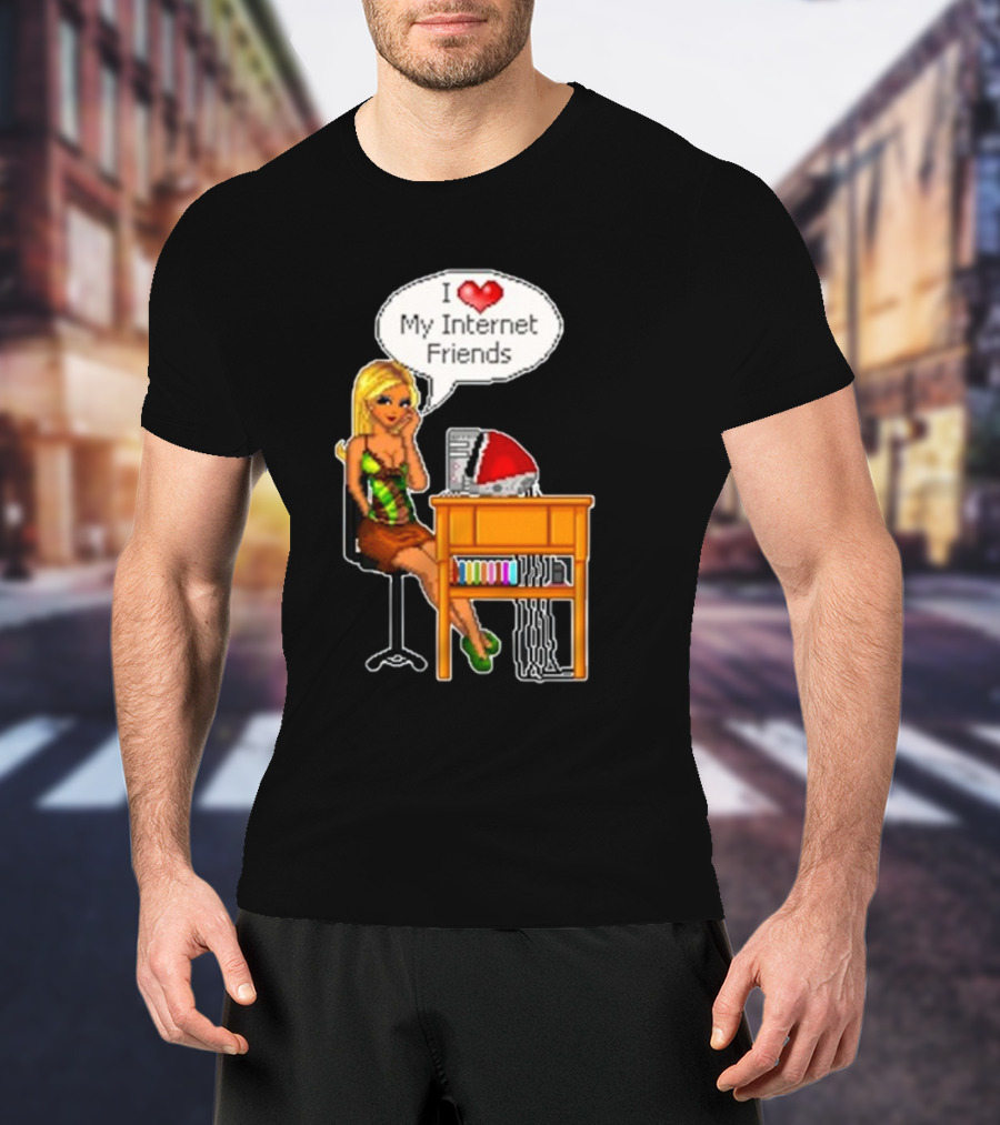 Cherrykitten I Love My Internet Friends Y2K Vintage Blonde Girl At Desk Pixel T-Shirt