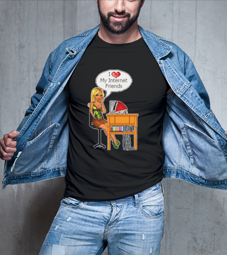Cherrykitten I Love My Internet Friends Y2K Vintage Blonde Girl At Desk Pixel T-Shirt