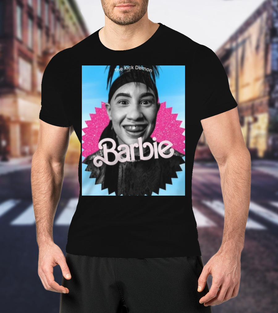 Kick Demon Barbie Smiling Portrait With Pink Starburst Background T-Shirt