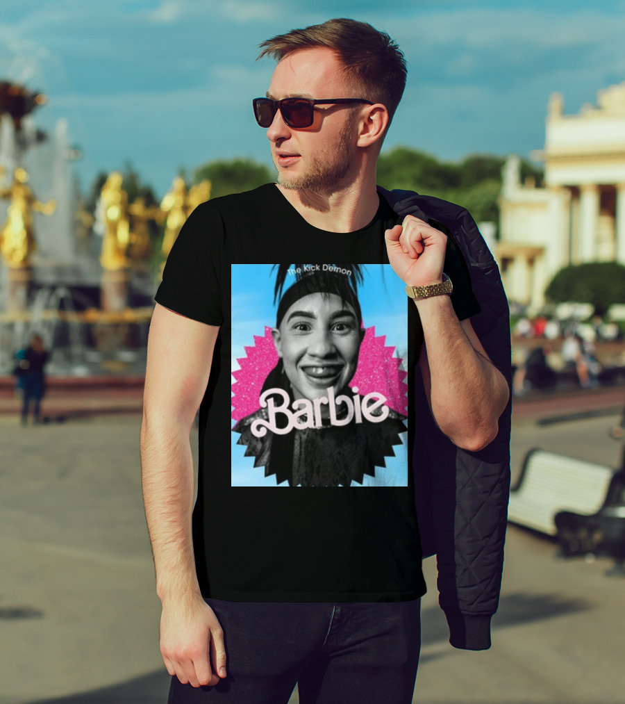 Kick Demon Barbie Smiling Portrait With Pink Starburst Background T-Shirt
