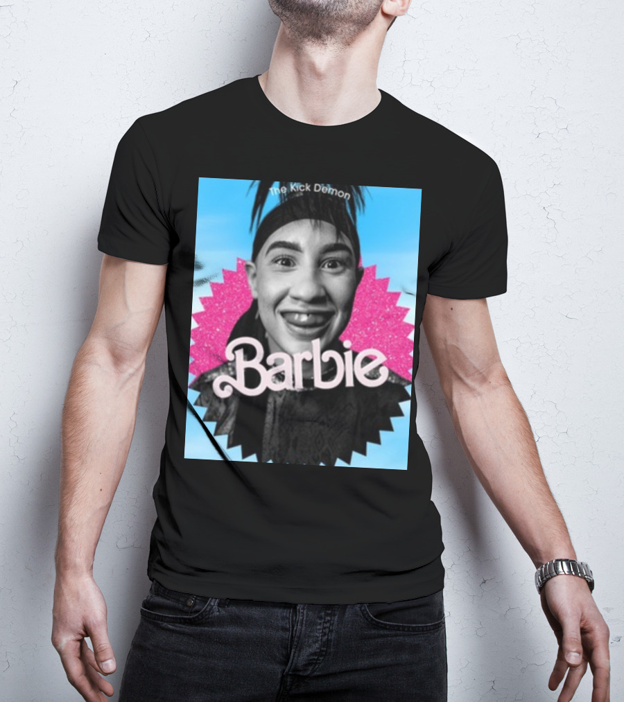 Kick Demon Barbie Smiling Portrait With Pink Starburst Background T-Shirt