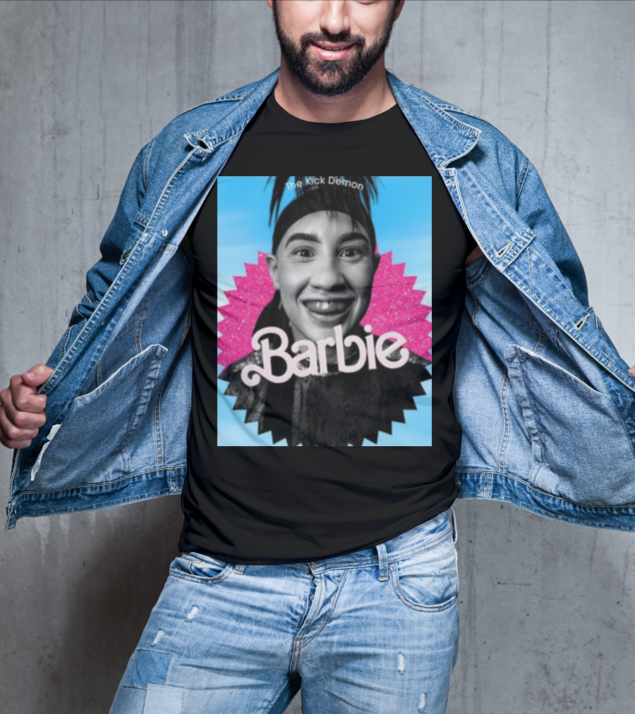 Kick Demon Barbie Smiling Portrait With Pink Starburst Background T-Shirt