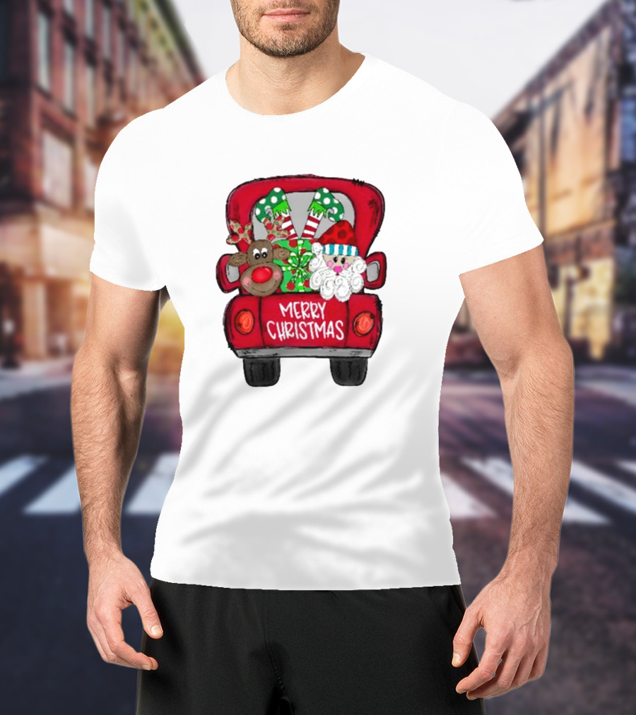 Merry Christmas Santa And Reindeer With Presents In Truck T-Shirt