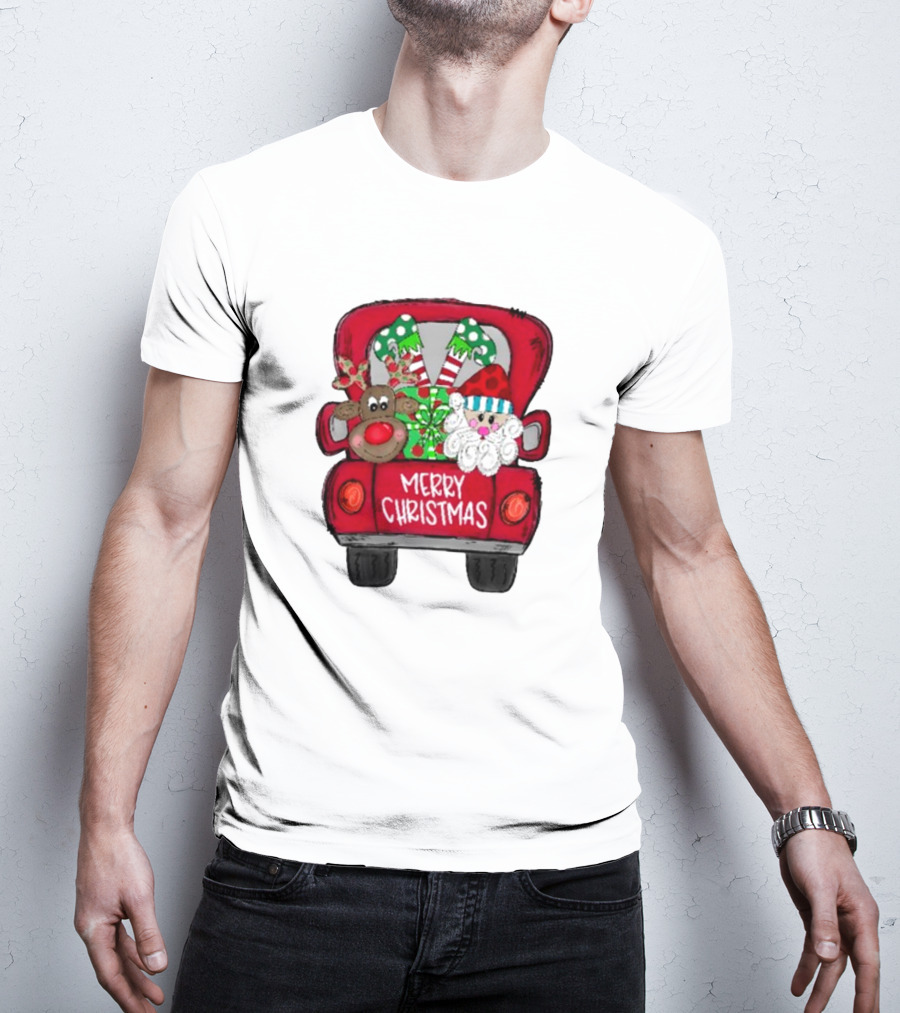 Merry Christmas Santa And Reindeer With Presents In Truck T-Shirt