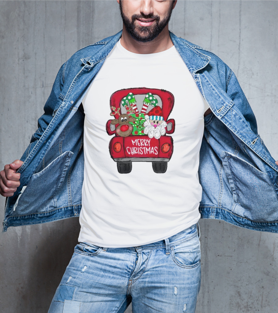 Merry Christmas Santa And Reindeer With Presents In Truck T-Shirt