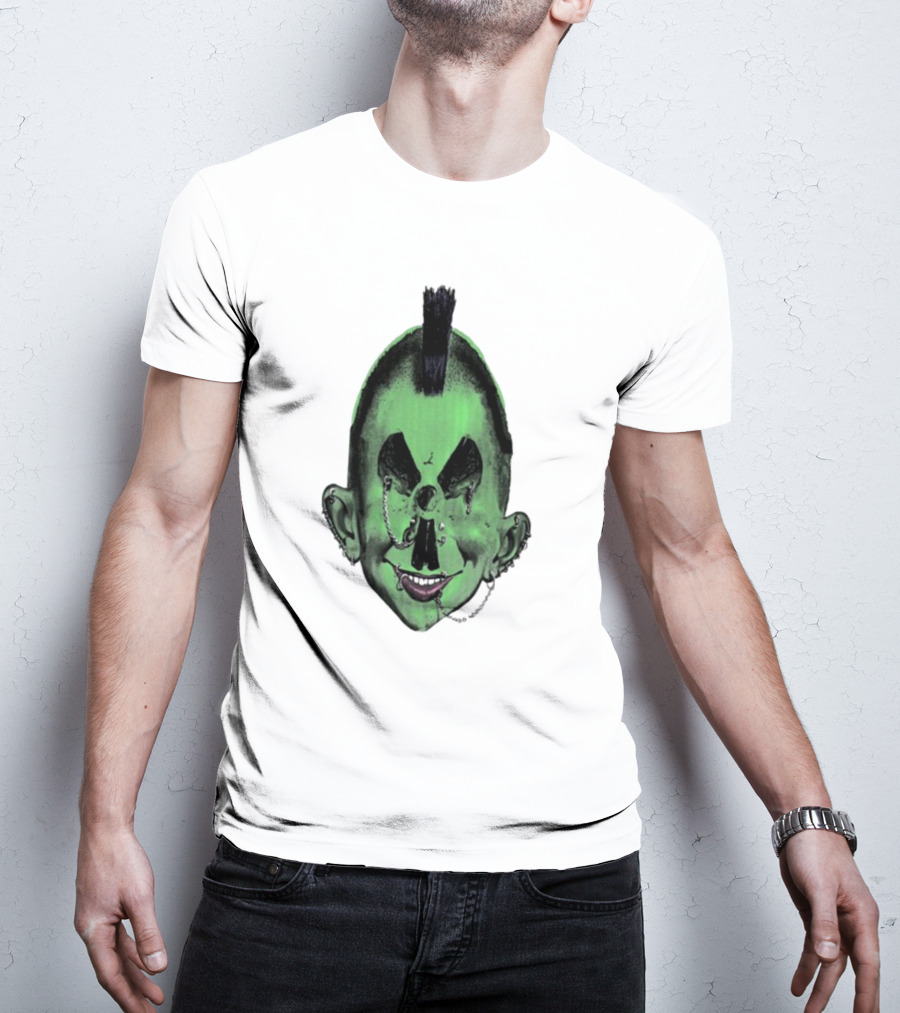 Willy Warhol Green Punk Face Mohawk Piercings T-Shirt