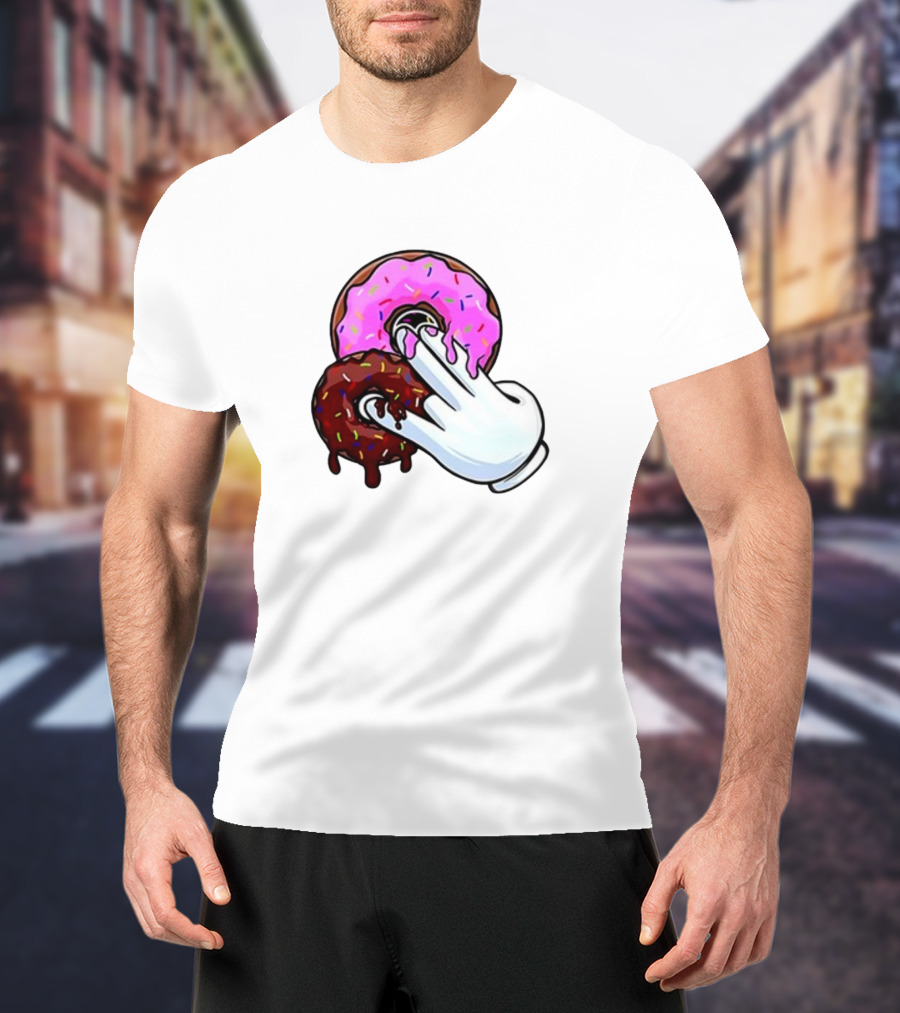 Funnyahhtees Pink And Brown Donuts With Cartoon Glove Hand T-Shirt