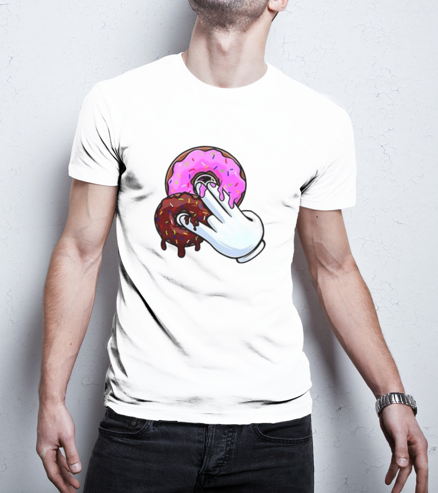 Funnyahhtees Pink And Brown Donuts With Cartoon Glove Hand T-Shirt
