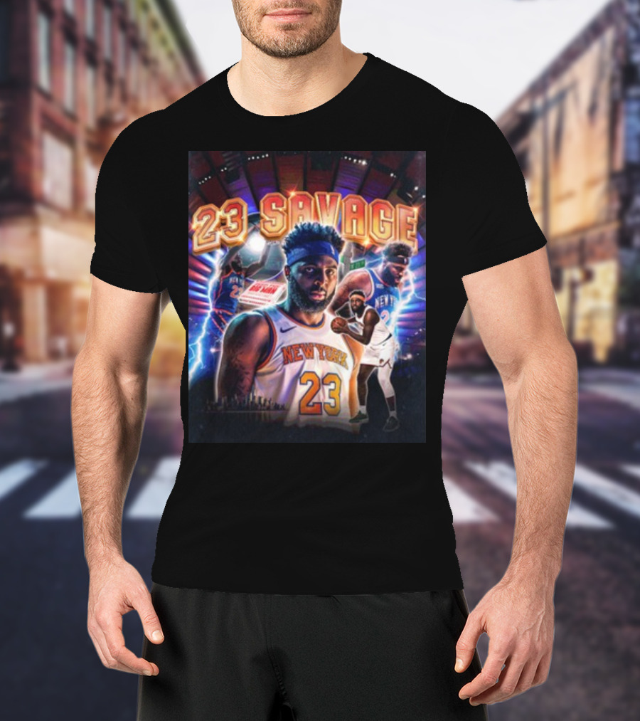 New York Knicks 23 Savage Mitchell Robinson Stadium Lightning Background T-Shirt