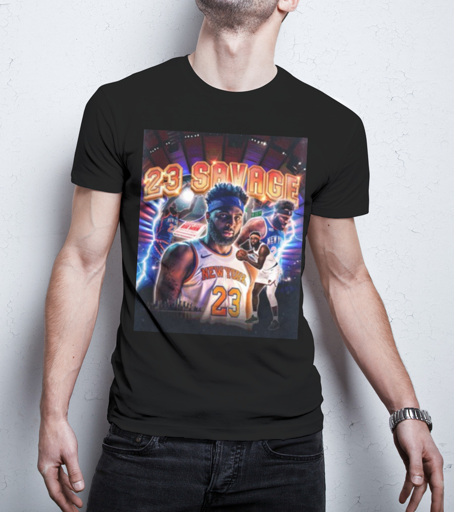 New York Knicks 23 Savage Mitchell Robinson Stadium Lightning Background T-Shirt