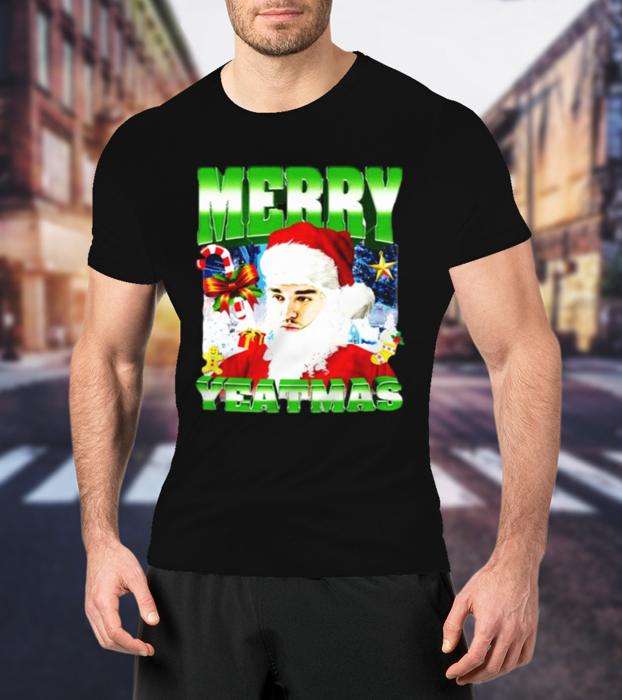 Memeabletees Merry Yeatmas Santa Claus Candy Canes And Snowflakes T-Shirt