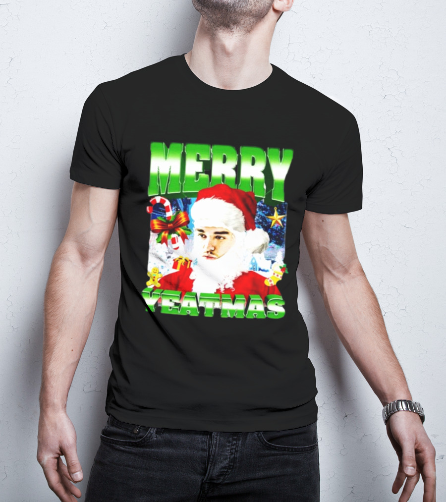 Memeabletees Merry Yeatmas Santa Claus Candy Canes And Snowflakes T-Shirt