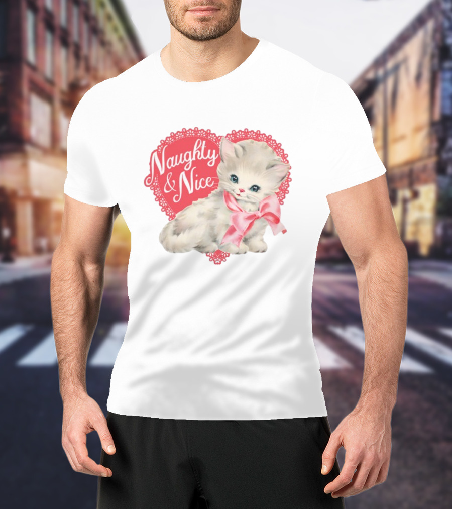 Nessa Barrett Store Naughty And Nice Kitten Heart Bow T-Shirt