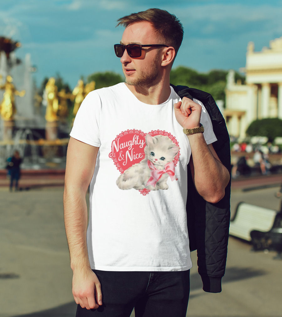 Nessa Barrett Store Naughty And Nice Kitten Heart Bow T-Shirt
